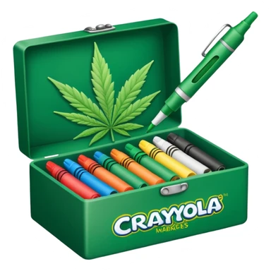 a box of crayola permanent markers with cannabis leaf sticker