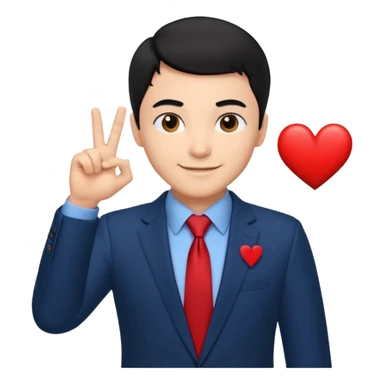 A man in very black short hair with all back hair style, wearing dark blue suit and red tie, making a heart finger sticker