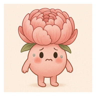 cute anthropomorphic pink peony flower with a round body, arms and legs, blushing cheeks, nervous expression sticker