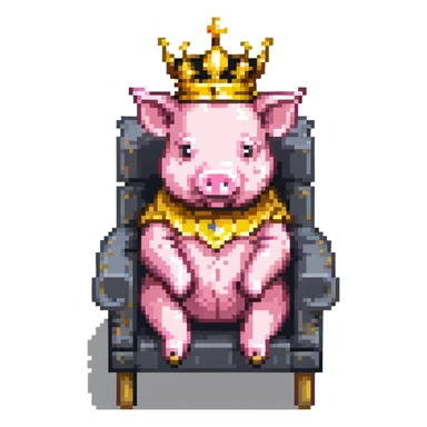 simple minimal pixel art pig with a golden crown sitting on a throne, blocky and square like Minecraft sticker