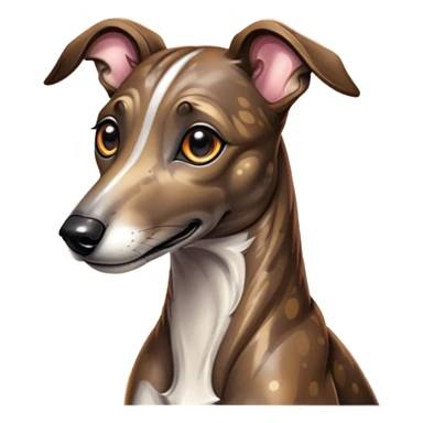 Cinematic Cute Brindle Greyhound Portrait Emoji, Head tilted playfully and inquisitively, featuring a sleek brindle Fur with subtle variations and round, sparkling eyes filled with curiosity, Simplified yet irresistibly adorable features, highly detailed, glowing with a warm, friendly glow, high shine, affectionate and nimble, stylized with a touch of whimsy, bright and endearing, soft glowing outline, capturing the essence of a mischievous yet loving companion, so playful it feels like it could sprint out of the screen and into your arms! sticker