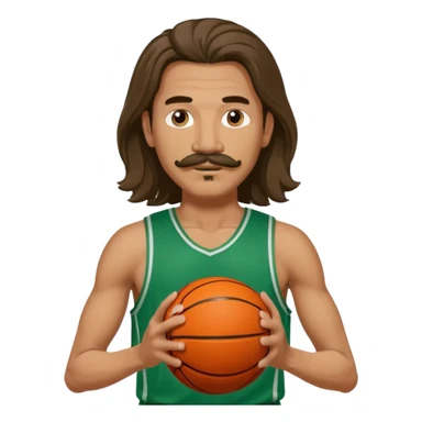 long haired man basketball player green jersey with mustache holding basket ball sticker