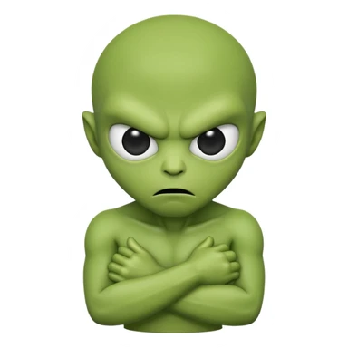 An emoji-style alien face with an angry expression, green skin, large black eyes, furrowed eyebrows, and a slanted side turned mouth, arms folded across chest showing contempt sticker