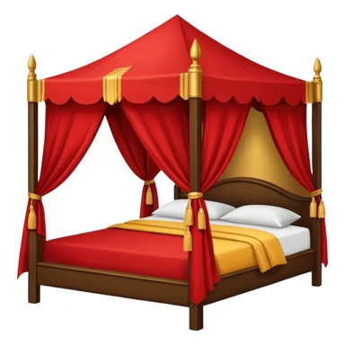 bed with red and gold sheets, wooden, canopy, simple, dark, no-tent sticker