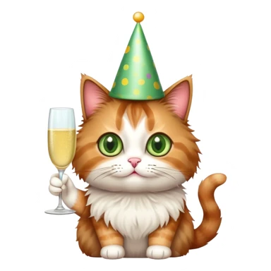 tricolor fluffy cat with big green eyes celebrating her birthday with a cake and champagne sticker