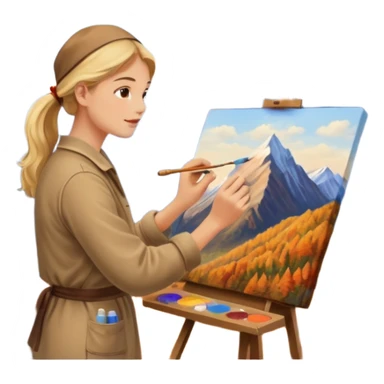 Artist painting a beautiful autumn mountain peak destination on canvas sticker
