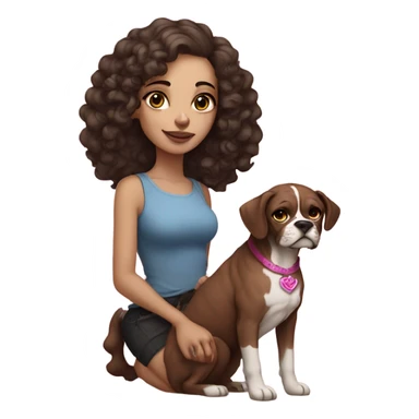 Beautiful tattooed curly dark brown haired woman holding a boxer dog and pink sphinx with blue eyes sticker