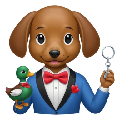 A dog holding keys in one hand and a duck in the other, all with a half-red, half-blue bow tie. sticker
