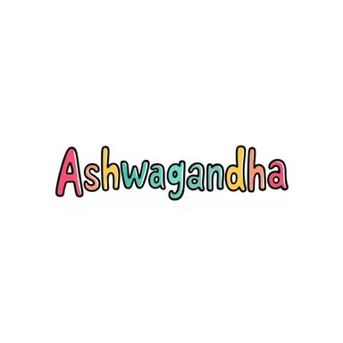 The word "Ashwagandha" hand-drawn in a vibrant tropical color scheme with pinks, teals, and yellows. Simple doodle style with minimal decoration. sticker