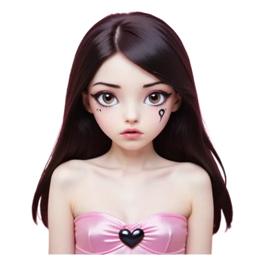 girl with white skin, dark brown long straight hair falling in front of her body, pouty shiny lips without cupid's bow, shiny large eyes with black eyeballs and long eyelashes, lighter button nose, very long oval-shaped face, wearing a pink bandeau top with straight neckline, looking directly at camera with hands down at sides sticker