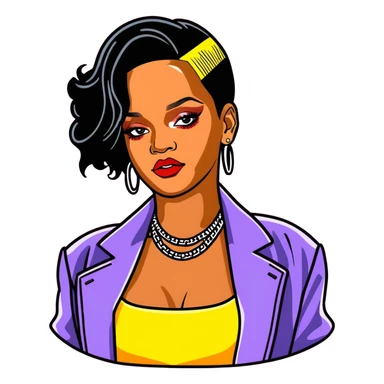 8k, 5000x5000px resolution, clean, smooth, thin lines, ultra detailed, hyperrealism, celebrity, best selling singer, and director of fenty, 2025, Rihanna. Glossy appearance, vivid, colors, no border lines sticker