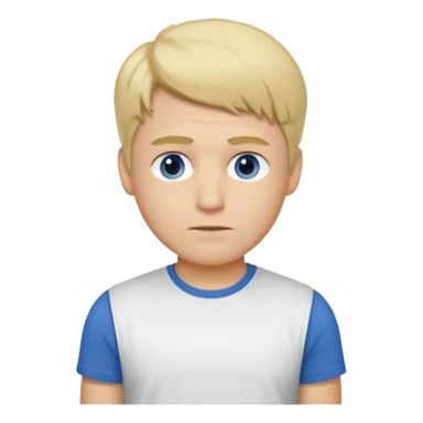 Crée l’emoji d’un homme blond , cheveux court mais un peu de cheveux sur le dessus , yeux bleus , nez avec une bosse, grain de beauté dans le cou. TEE shirt blanc  sticker