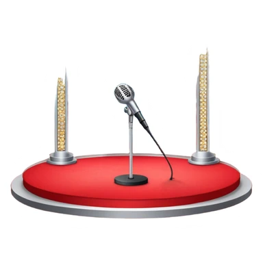 Create a glamorous and vibrant emoji that represents pop or stage vocal performance. The design should feature an empty stage with concert lighting. Include elements like an iconic stage microphone with a sparkling, rhinestone-studded microphone stand, set on a red carpet, a celebratory firework display in the background and a ribbon of musical notes flowing around the scene to symbolize the performance's energy. Use bright colors like gold, red, and silver to emphasize the excitement and glitz of the pop vocal world. The background should be transparent. sticker