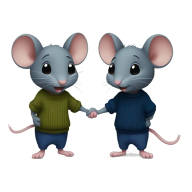 Two mice holding hands. one in a dark blue T-shirt, the other in an olive sweater sticker