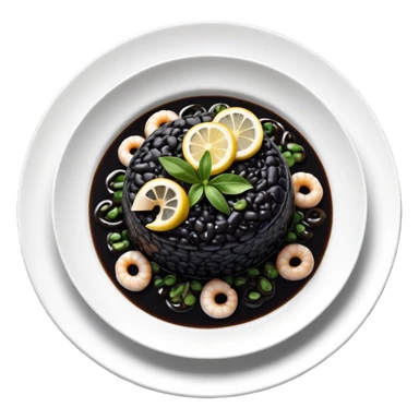 cinematic-realistic-black-risotto-dish-emoji,-showcasing-small squid pieces in black sauce -rendered-with-bold-textures-and-dynamic,-dramatic-lighting in a white plate with a grilled lemon on top sticker