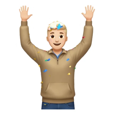 hombre sonriendo saltando con los brazos hacia arriba saltando, con explosivos, confites volando, sticker