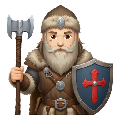 Russian pagan warrior with fur clothing, axe, shield with Slavic symbols, long beard sticker