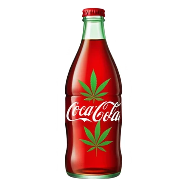 Curved Coca-Cola style glass bottle in red with a green cannabis leaf printed on it and labeled "red pop" sticker