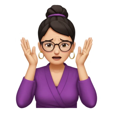 middle aged woman with dark hair pulled up in a high bun, wearing round ring earrings and glasses, expression extreme pain on her face, covering her ears with her hands very painful expression on her face, eyes squeezed shut, wincing in pain covering her ears with her hands sticker