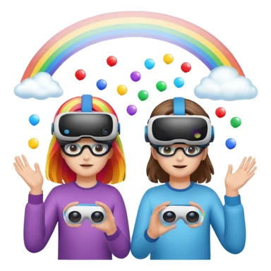 Human girl and boy Show a VR headset or AR glasses, symbolizing the immersive hair experience. Include virtual objects or a 3D scene floating in the air in front of rainbow Make the background transparent. sticker