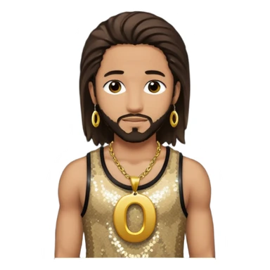 Omarion with long dark brown hair, dark brown sequin tank top, necklace with letter o sticker
