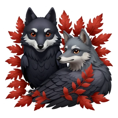 A raven bird and a wolf laying together with Weirwood leaves beneath them  sticker