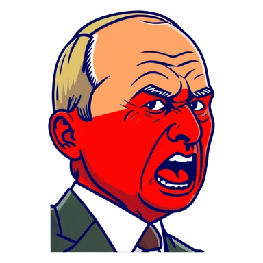 Vladimir Putin face in profile, looking sideways, screaming with intense anger, red face, furious expression sticker