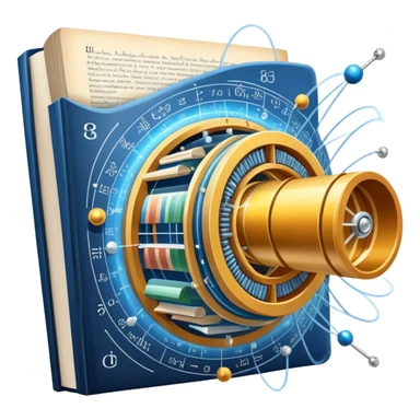 An icon featuring a physics textbook, a large Hadron Collider with particles flying off, symbolizing the study of physics. The design includes atomic models, energy waves, and scientific formulas, representing fundamental physical principles and research. Transparent background. sticker