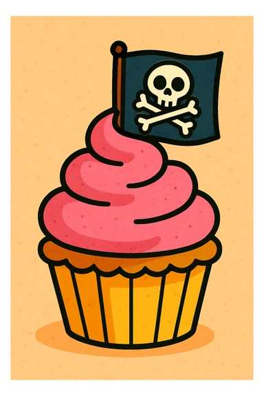 a cute and whimsical cupcake with a skull-and-crossbones flag, pirate theme sticker