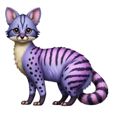 Beautiful fluffy elegant spotted dotted thick puffy hyper-realistic lifelike furry Indigo, purple, violet, pink, Civet-Genet-Possum-Serval-Caracal-Sergal-Trico-Numbat-Furret-fusion-Fakemon-hybrid-creature (full body) with long tufted ears and a striped tufted tail  sticker