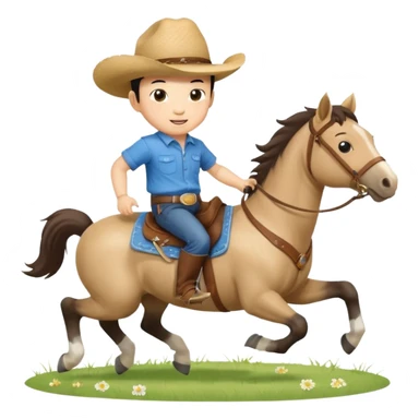 l little chinese baby boy riding on a  cute horse running on the grass with 2026 year label sticker