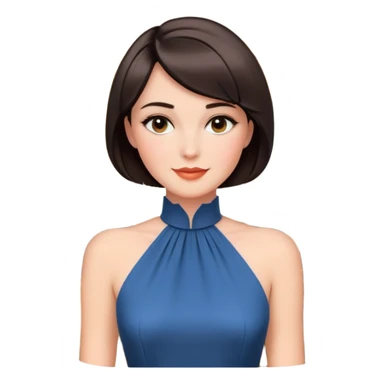 A portrait of a sophisticated woman with short bobbed hair, wearing elegant makeup and a high-neck dress. She has a soft smile, with a luxurious, classic interior setting behind her sticker