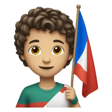 A boy holds the Russian flag sticker