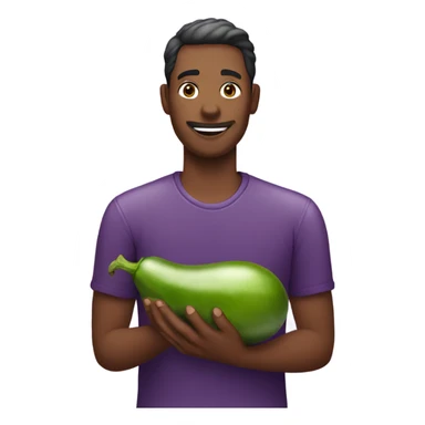 Man holding a wet eggplant sticker