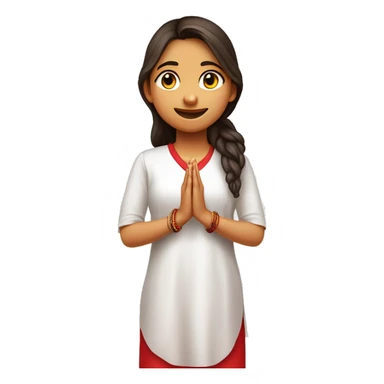 A teenage girl wearing plain white v  neck , elbow length sleeves kurty, with no designs . She is also wearing red plain modi jacket with red buttons on top of kurti. She is joining her hands a praying . Make full body  emojie sticker