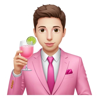 Create an image of a person resembling Sam Altman, dressed in an all-pink suit, with one hand holding a pink tequila drink.  sticker