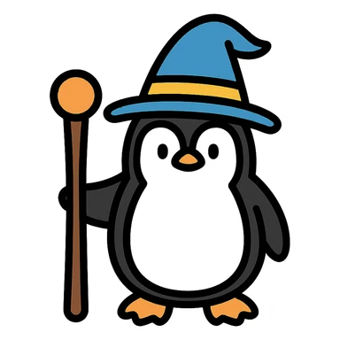 penguin wizard with a staff and wizard hat, color outline icon sticker