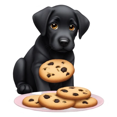 sweet black labrador puppy with big eyes eats a cookie sticker