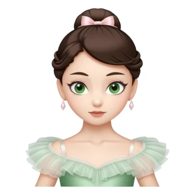 Realistic Ballerina Portrait, with porcelain-like skin featuring a natural rosy flush, illuminated by soft lighting that highlights the gentle contours of her face. Her Brunette hair flows in soft.Her deep green light eyes radiate framed by arched brows and long lashes. sticker