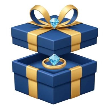 A dark blue gift box for jewelry containing a gold ring with a diamond sticker