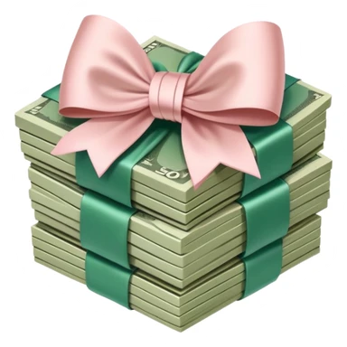 Neat money stack tied with a blush satin bow, muted green bills, soft luxury rich sticker