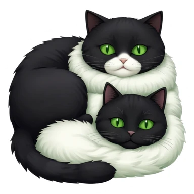 Big black cat with green eyes is sleeping with the small white cat sticker
