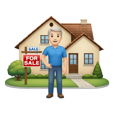 emoji de bienes y raices, un hombre y una casa en "venta for sale" sin sol sticker