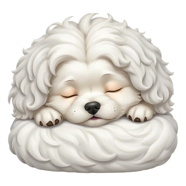 Cinematic Meme-Worthy cute Sleeping Wavy-Haired Maltese dog Portrait Emoji, Head resting peacefully with a contented smile, featuring a delightfully cute build and a luxuriously soft, wavy-haired white coat, eyes shut in a serene nap, Simplified yet hilariously adorable features, highly detailed, glowing with a soft, drowsy light, high shine, relaxed and utterly lovable, stylized with an air of playful laziness, bright and endearing, soft glowing outline, capturing the essence of a comically sleepy companion, so meme-worthy it feels like it could instantly become the next viral sensation of adorable slumber! sticker