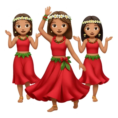 Lilo from Lilo & Stitch in a red dress with white flowers dancing hula with her friends, apple style emoji sticker