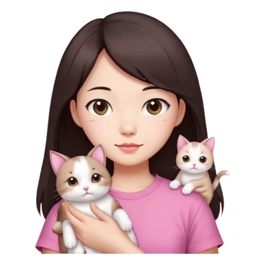 This Chinese girl has fair skin. She has long semi-short dark brown hair and is wearing a pink T-shirt. She is holding a white folded-eared cat. sticker