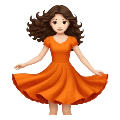 Long dark wavy hair women in orange standing spinning twirling around sticker