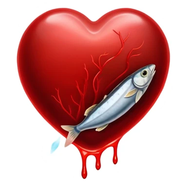 Glowing pieces of liver, red meat, and sardines floating around a red blood cell that shines brightly like a torch. Streams of light connect the blood cell to a heart and muscles, showing how heme iron creates energy and vitality throughout the body. sticker
