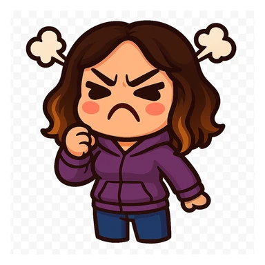 Sticker style chibi emote, matching the attached green heart emote as a base, but with a slightly skinnier body and a bigger chest. Woman from reference, purple hoodie and blue jeans, angry with steam puffs, cute angry face, no headband, no wand, transparent background. Top color should not match jeans. sticker