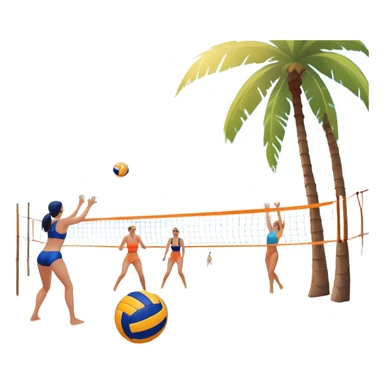 A volleyball resting on the orange sand of a beach, with a volleyball net in the background. The scene includes a beautiful beach landscape with blue sea, sky, and palm trees, while a couple of women in swimsuits play in the distance, capturing the relaxed yet competitive vibe of beach volleyball. sticker